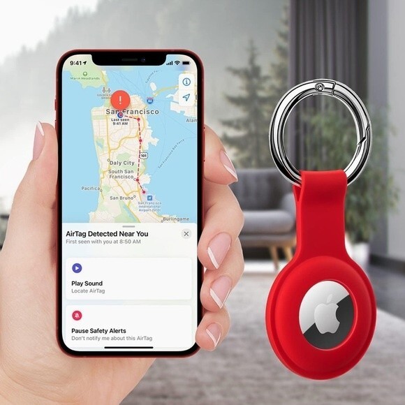 Apple Air Tag Holder Case Cover Red Silicone Sleeve Skin Keychain Ring OrB1 - Picture 5 of 9